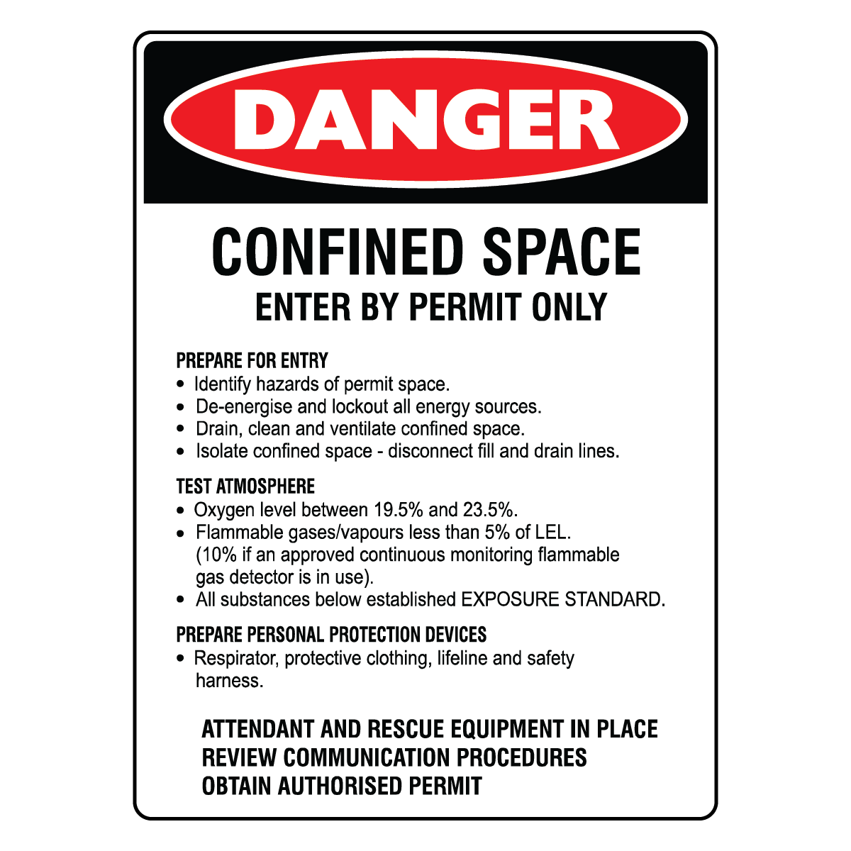 Danger - Confined Space Prepare For Entry Sign