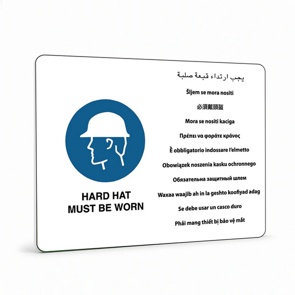 Multilingual - Hard Hat Must Be Worn Sign