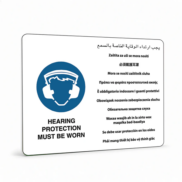 Multilingual - Hearing Protection Must Be Worn Sign