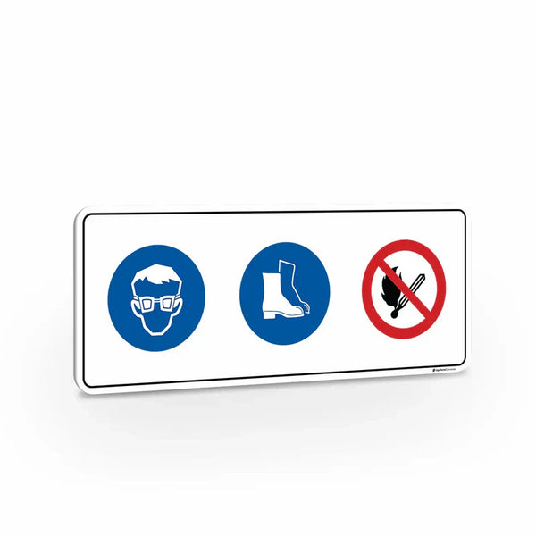 Mandatory - Eye & Foot Protection Symbols & No Naked Flame Symbol Sign